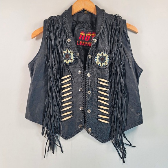 hot leathers Jackets & Blazers - Hot Leathers VTG Womens XL** Leather Fringe Biker Vest Beaded Western Black READ